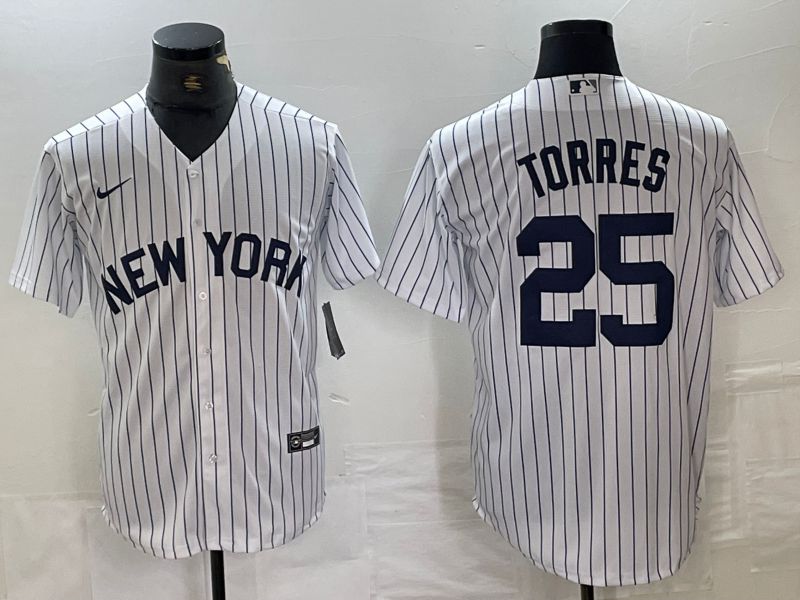 Men New York Yankees 25 Torres White Stripe Game Nike 2024 MLB Jersey style 1